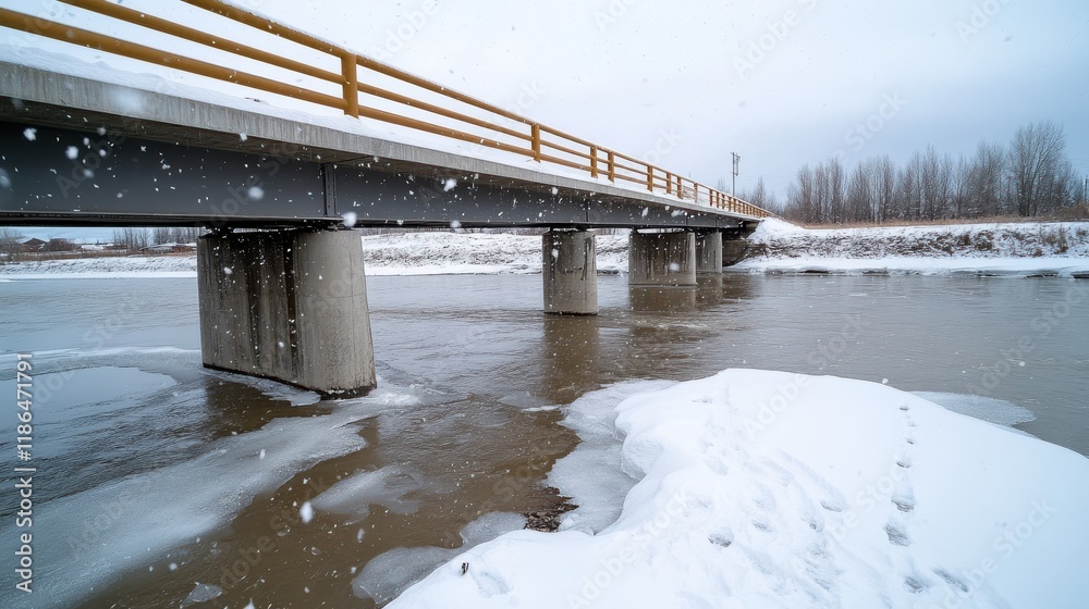 A snow-blanketed bridge stretches over a frozen river, creating a tranquil winter scene marked by gentle snowfall and serene stillness. A snow-blanketed bridge stretches over a frozen river, creating a tranquil winter scene marked by gentle snowfall and serene stillness.