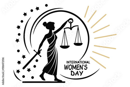 A female silhouette holding scales of justice, with glowing symbols of equality