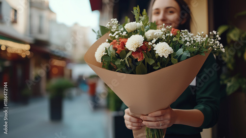  flower bouquet in eco-friendly packaging held by a courier in uniform photo