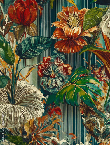 Lush Tropical Floral Textile Design Vibrant Exotic Flowers and Leaves on Teal Stripes