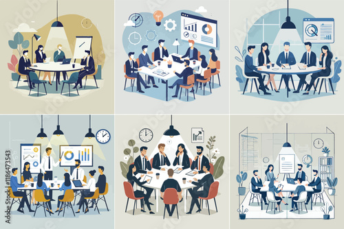 a team sitting around a table in a meeting room, discussing ideas, with a white background