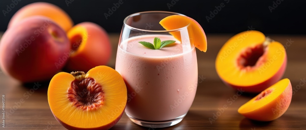 Refreshing Peach Smoothie With Fresh Slices and Whole Peaches on a Wooden Table