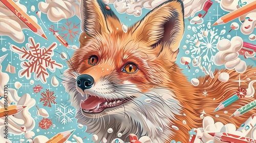 A cheerful orange fox with bright eyes, playfully surrounded by winter elements like snowflakes and fluffy clouds in a vibrant blue backdrop.