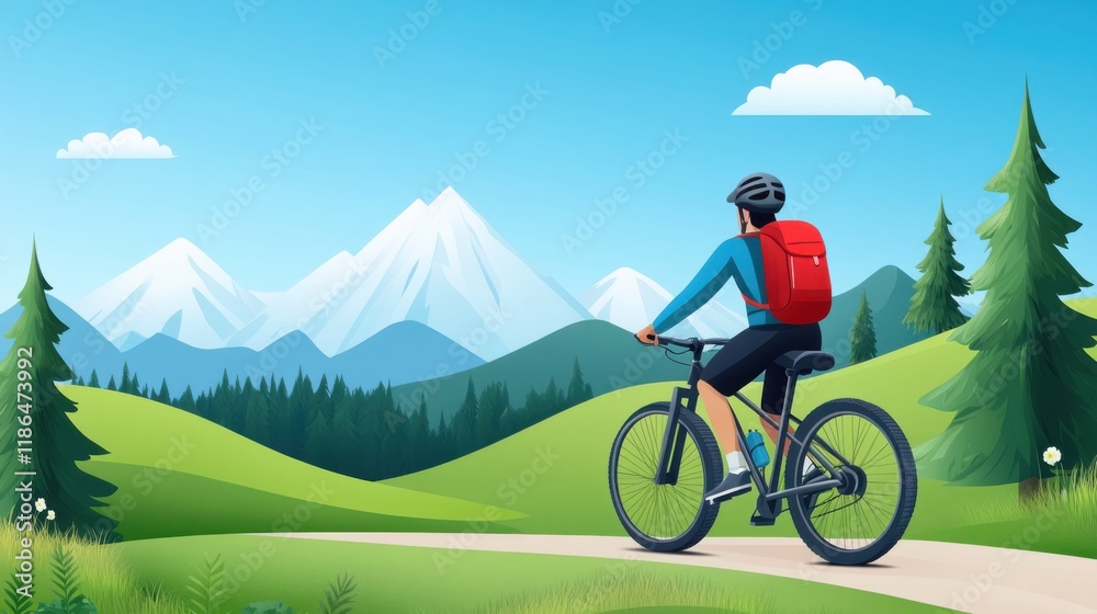 Fototapeta premium Scenic Mountain Landscape with Cyclist Riding on Path among Lush Greenery and Trees under Blue Sky