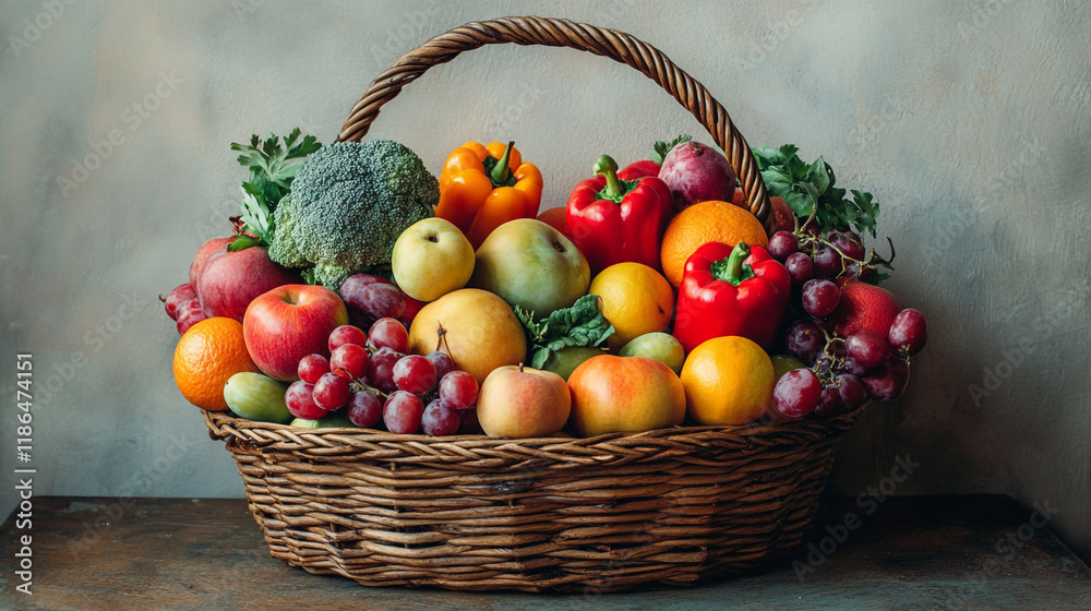 Colorful fruit and vegetable basket showcasing fresh harvest at a rustic setting Colorful fruit and vegetable basket showcasing fresh harvest at a rustic setting