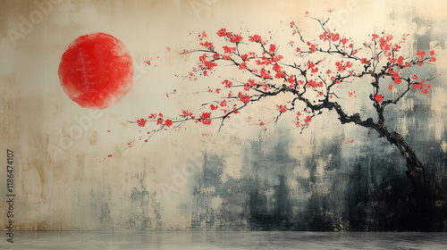 Colorful Cherry Blossom Tree With a Large Red Sun and Dark Backdrop in a Serene Landscape