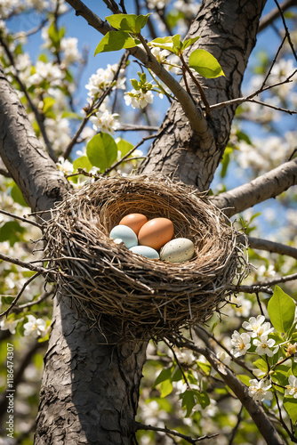 close-up of a bird's nest with eggs in a tree, spring scene