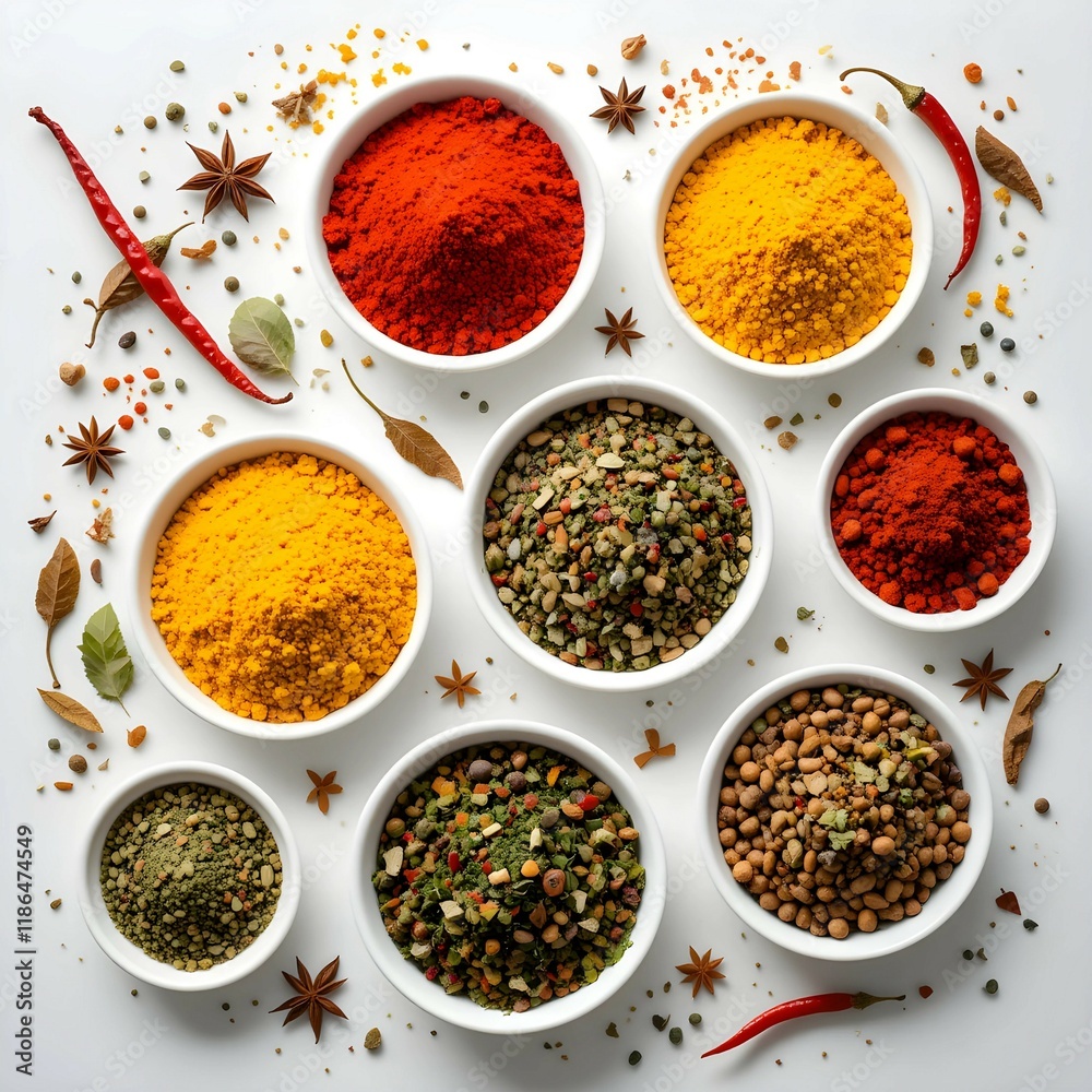 Set of various spices in a bowls on white wooden table background border with copy space Set of various spices in a bowls on white wooden table background border with copy space