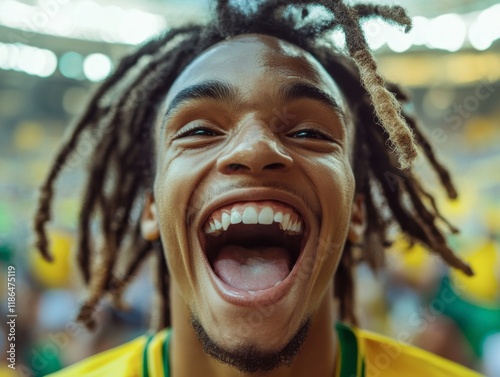 Unbridled Joy: Close-up portrait of a young man with dreadlocks, his face radiant with unrestrained happiness and excitement, mouth wide open in a joyous yell.