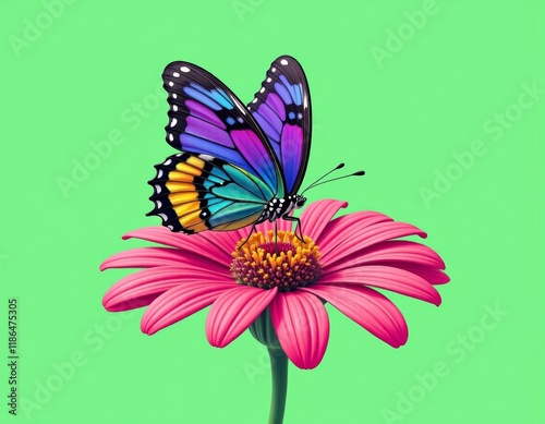 Wallpaper Mural Butterfly on Flower, Vaporwave Style, Soft Lighting, Close-Up Illustration, Light Green Background Torontodigital.ca