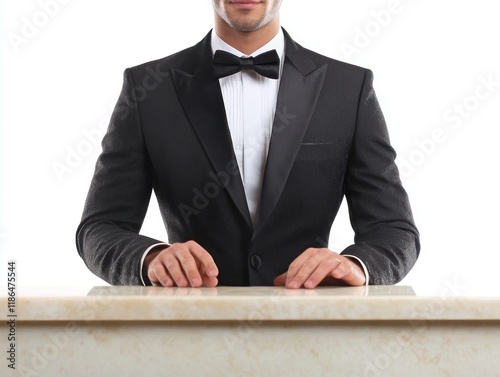 Hotel Concierge - Hotel concierge assisting guests with services and information, in a hotel lobby or concierge desk, on a White Background.