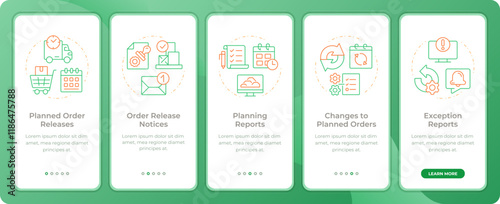 MRP outputs app onboarding screens. Manufacturing planning. Duo tone vector illustration. UI design flow. 5 steps walkthrough mobile interface slide layout. Montserrat SemiBold, Regular fonts used