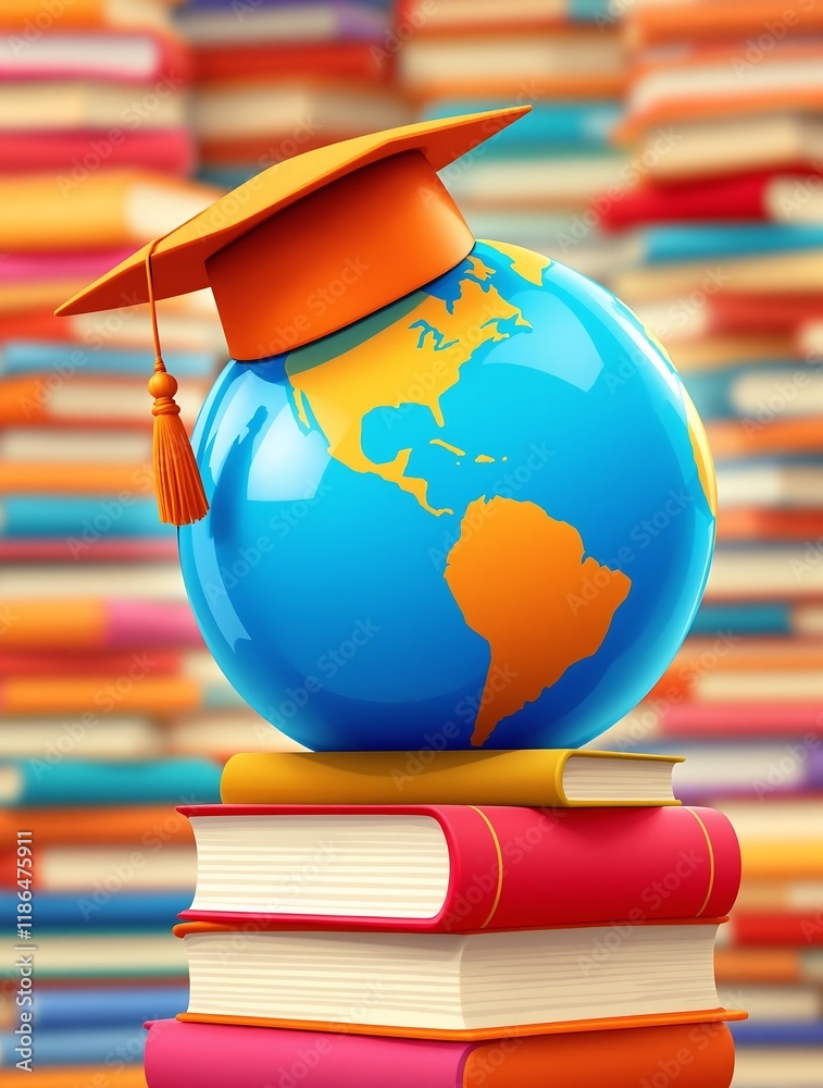 Globe with graduation cap on colorful books symbolizing global education and knowledge