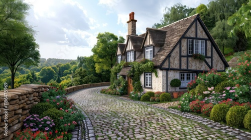 A cobblestone cottage nestled in the heart of an English countryside village, with a thatched roof and charming flower boxes adorning its windows.   photo