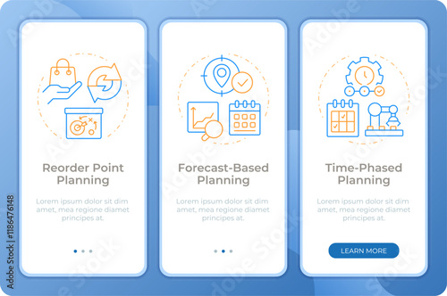 SAP consumption based planning app onboarding screens. Duo tone vector illustration. UI design flow. 3 steps walkthrough mobile interface slide layout. Montserrat SemiBold, Regular fonts used