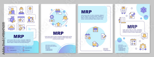 MRP blue circle brochure template. Production scheduling and inventory control system. Leaflet design with linear icons. Editable 4 vector layouts. Arial-Bold, Myriad Pro-Regular fonts used