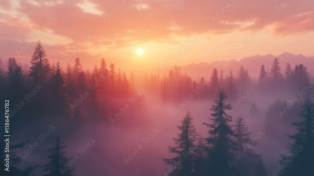 panoramic view of misty forest at majestic sunrise over trees. far horizon with light rays and lens flare effect - vintage effect look panoramic view of misty forest at majestic sunrise over trees. far horizon with light rays and lens flare effect - vintage effect look
