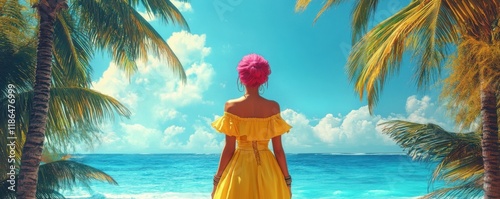 Pinkhaired woman in yellow dress stands before palm trees, with a clear blue sky and serene ocean in the background, capturing a vibrant, tropical, and photo