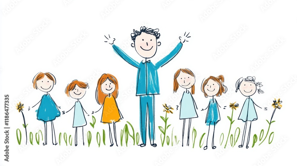 Happy Family Illustration with Stick Figures and Flowers in a Cheerful Outdoor Scene Happy Family Illustration with Stick Figures and Flowers in a Cheerful Outdoor Scene