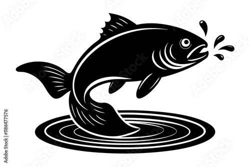 Fish Jumping Out of Water Silhouette with Splash and Ripples, Dynamic Vector Illustration