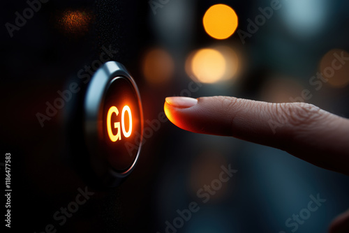 Finger Pressing Go Button Orange Light Modern Interface Action Start Technology Business Fair-Skinned Hand photo