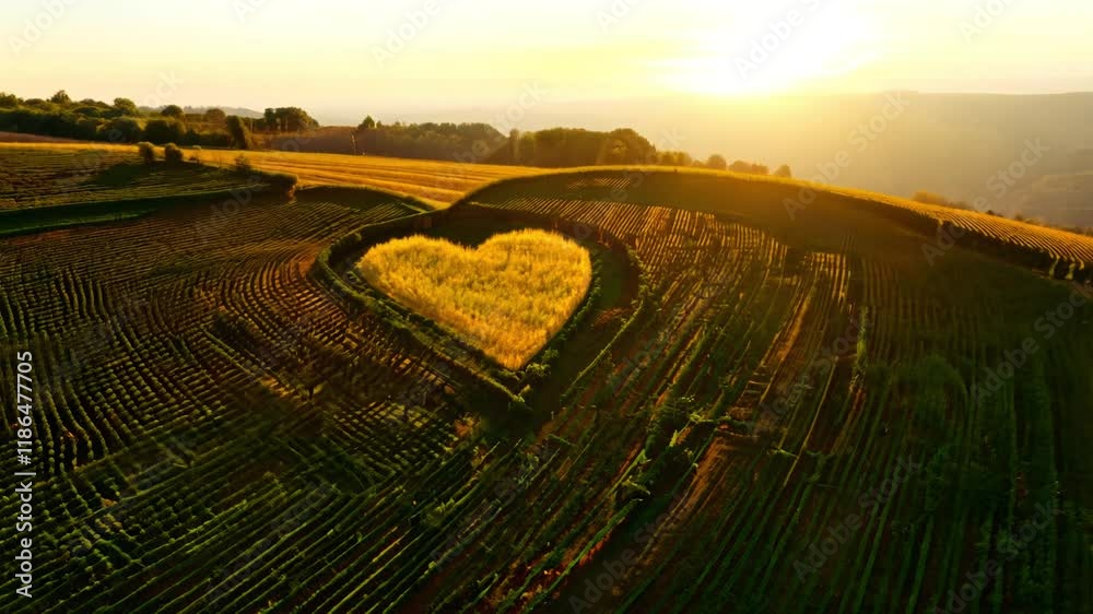 Dolly out golden hour lighting video, a vineyard's grapevines pruned and arranged from above to form a heart shape under the setting sun Dolly out golden hour lighting video, a vineyard's grapevines pruned and arranged from above to form a heart shape under the setting sun