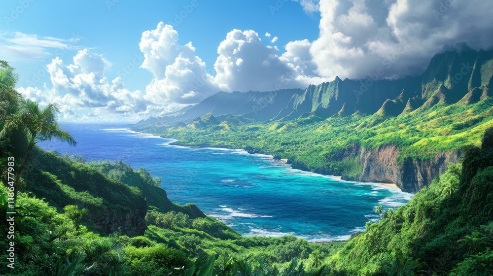 Obraz premium Lush Tropical Coastline Meets Turquoise Ocean Under Dramatic Cloudscape.