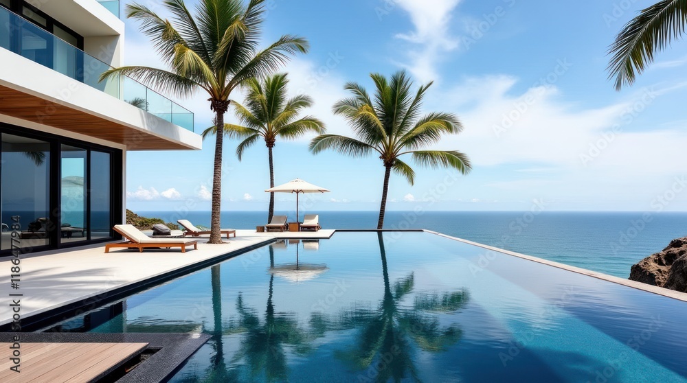 Fototapeta premium Luxury Villa With Infinity Pool Overlooking the Ocean on a Sunny Day