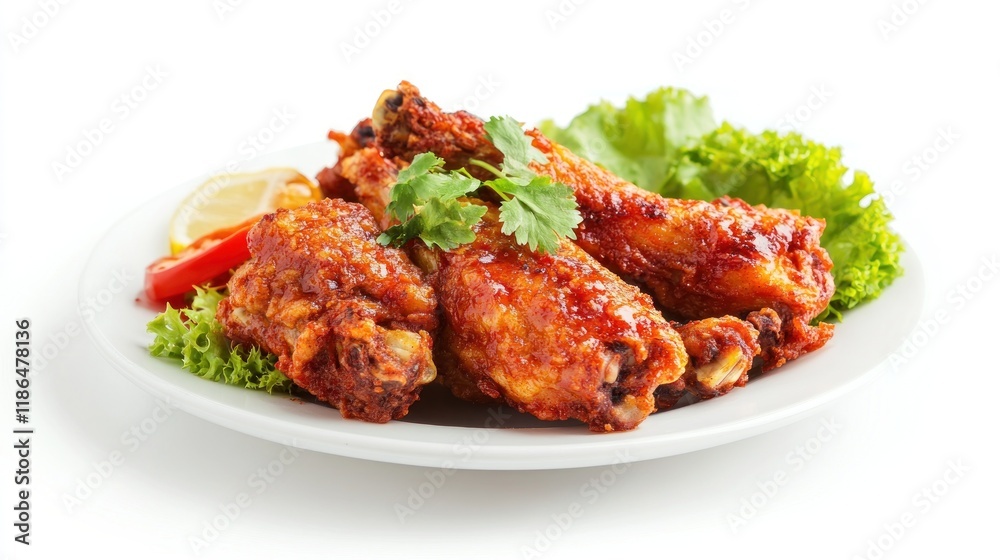 Some pieces of crunchy fried chicken on a white plate. Isolated on white background. Perfect for design element, catalogue, or any commercial purposes. Some pieces of crunchy fried chicken on a white plate. Isolated on white background. Perfect for design element, catalogue, or any commercial purposes.