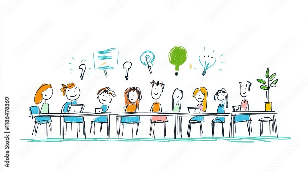 Creative Team Meeting with Animated Characters Collaborating and Sharing Ideas in a Bright Workspace Creative Team Meeting with Animated Characters Collaborating and Sharing Ideas in a Bright Workspace