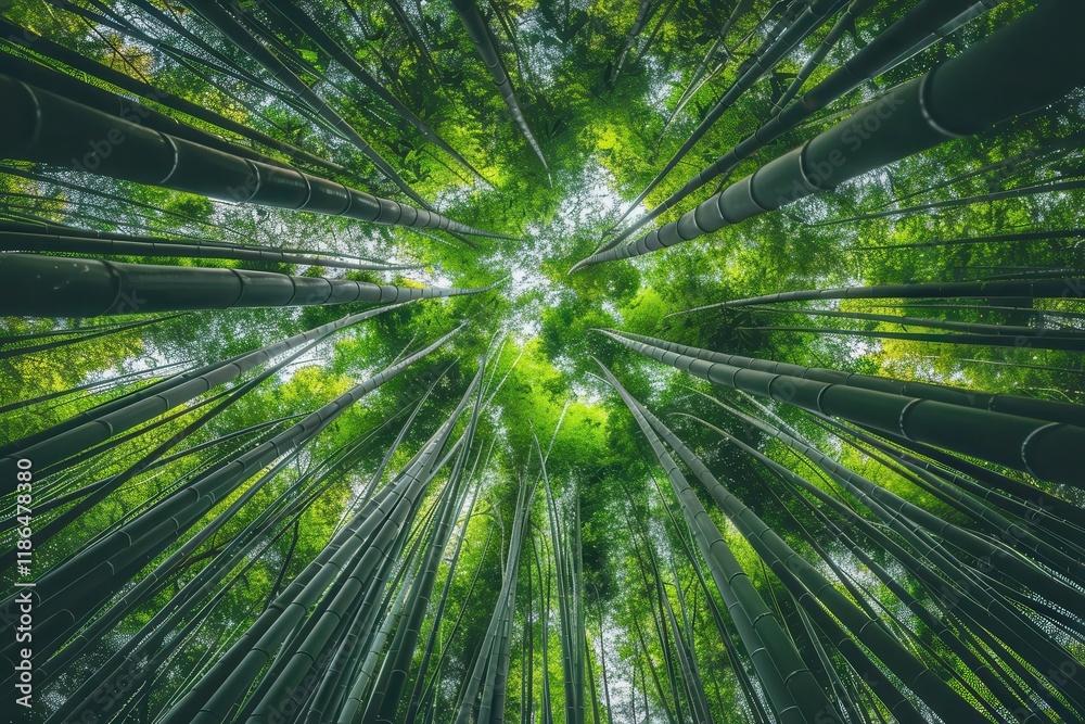 A serene view of a bamboo forest, showcasing tall stalks reaching towards a bright green canopy. A serene view of a bamboo forest, showcasing tall stalks reaching towards a bright green canopy.