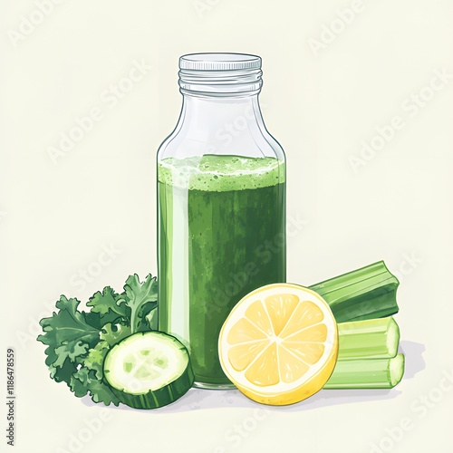 Minimalist illustration of green detox juice in a glass bottle featuring kale, celery, cucumber, and lemon to support a healthy detox routine
