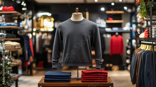 Grey Crewneck Sweater Displayed in a Men's Fashion Boutique photo