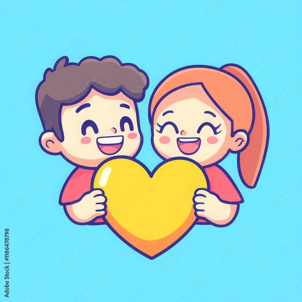 Happy Cartoon Couple Holding Large Golden Heart Valentine s Day Love Illustration Happy Cartoon Couple Holding Large Golden Heart Valentine s Day Love Illustration