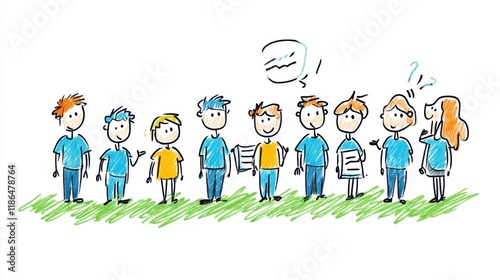 Diverse Group of Cartoon People in Colorful Clothing Engaging in Conversation and Interaction Outdoors
