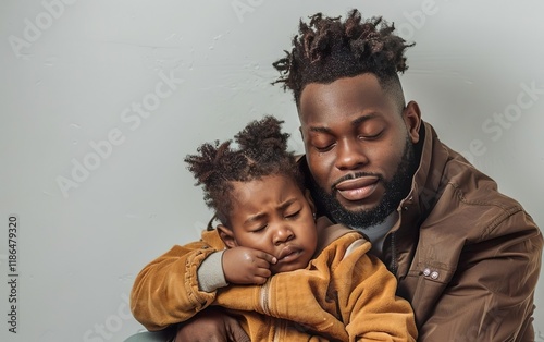 Black father hugging sad baby. Multicultural family. Equality of household management. Equitable, balanced, gender neutral fair division, cooperative, mutual, distributive communal duties concept photo