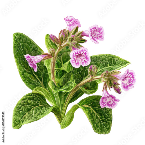 Photorealistic Isolated Lungwort Plant with Purple Flowers on a Clean transparent background