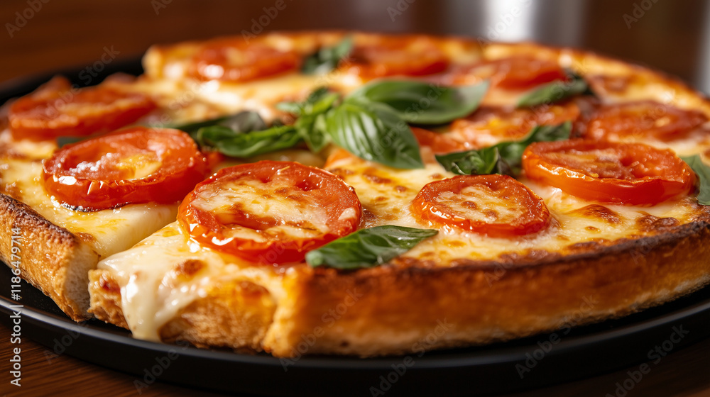 Grilled cheese sandwich featuring a golden crust and vibrant tomato slices, garnished with fresh basil, displayed on a black ceramic plate. Grilled cheese sandwich featuring a golden crust and vibrant tomato slices, garnished with fresh basil, displayed on a black ceramic plate.