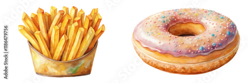 Colorful watercolor illustration, delicious fast food, crispy French fries, sweet donut, vibrant dessert, food art.