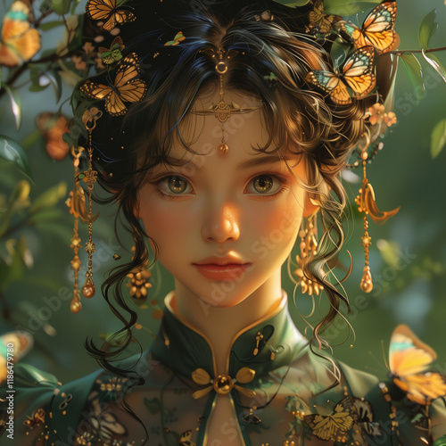 The graceful butterfly goddess is in the tranquil forest, her wings are a kaleidoscope of natural colors, symbolizing transformation and beauty in the blooming flowers and whispering grass.