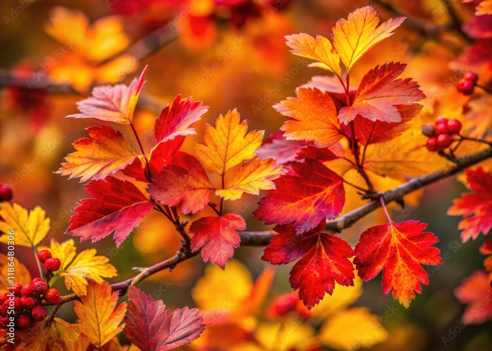 Close-up: Hawthorn's fall foliage explodes with red, orange, and yellow hues. Close-up: Hawthorn's fall foliage explodes with red, orange, and yellow hues.