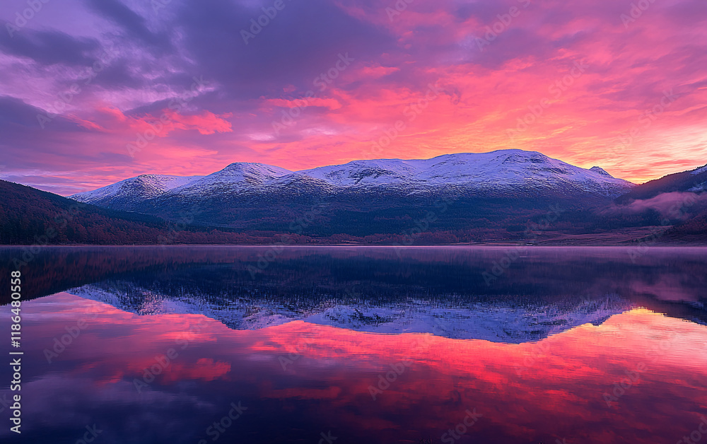 Fototapeta premium Vibrant sunrise reflecting over snowy mountains and tranquil lake