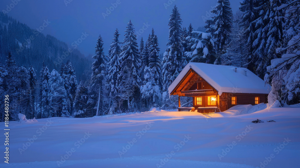 A quiet cabin glowing warmly in the cold solstice night surrounded by snow A quiet cabin glowing warmly in the cold solstice night surrounded by snow