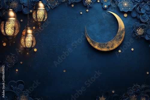 Elegant Ramadan Lanterns and Crescent Moon: A Luxurious Blue Design photo