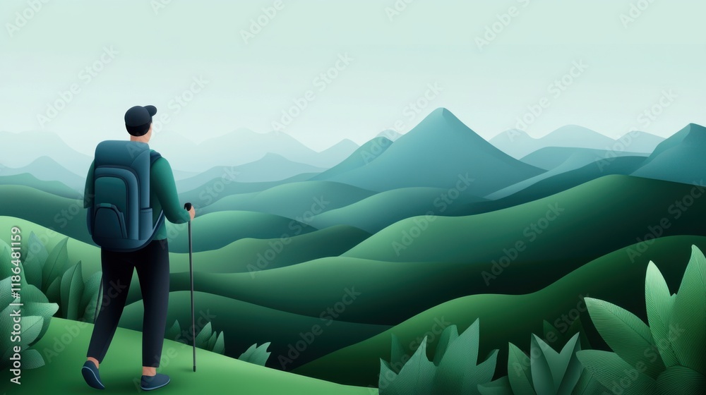 Obraz premium Solo Hiker Enjoys Scenic Landscape View with Rolling Green Mountains and Lush Vegetation in Nature Adventure