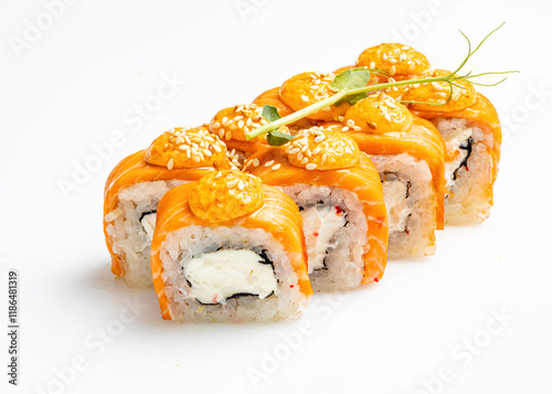 rolls and sushi on a white background