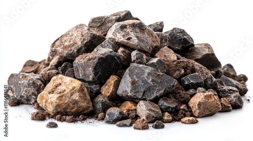 Natural rocks pile covered in dirt isolated on white background close-up view nature concept