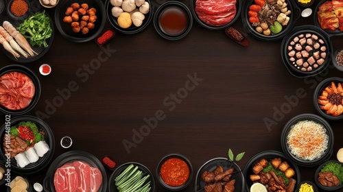 Korean dinner background. Top view asian barbeque, traditional buffet meal. Bbq, kimchi and soy sauce. Chinese japanese cuisine neoteric vector table banner photo