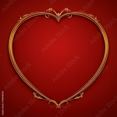 Elegant Gold Heart Shaped Frame on Red Background Perfect for Valentine s Day Wedding or Romantic