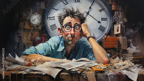 sleep-deprived man tired from midnight work, computer developer, cartoon style.  Generative AI